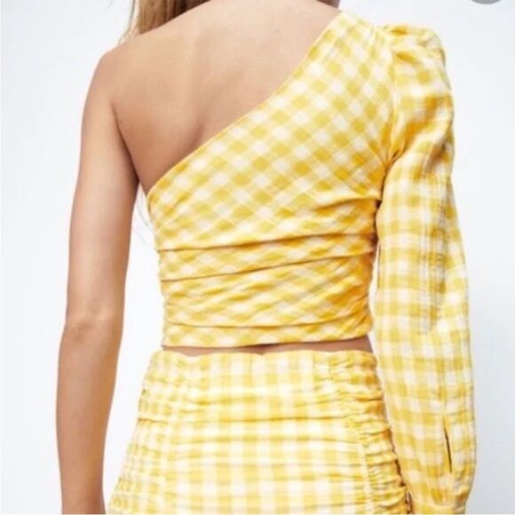 ZARA Yellow Checkered Gingham One Shoulder Blouse Size Small - Picture 4 of 7